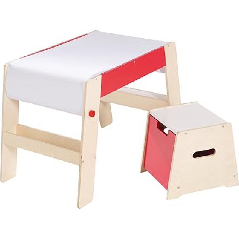 roba Sit and Play Creative Art Desk & Stool Set Children's Table & Chair Unit Wooden Preschool with Chair Natural/Red, Desk with Paper Roll