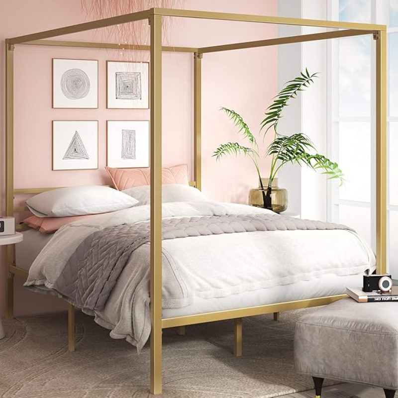 Zinus Patricia Bed 180 x 200 cm - Height 36 cm with Under Bed Storage - Metal Canopy Bed Frame with Steel Slatted Frame - Gold