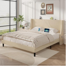 VECELO Upholstered Bed 140 x 200 cm with USB & Type-C Connections, Double Bed with Headboard and 2 Side Pockets, Bed Frame with Slatted Frame, Youth Bed, Linen, Without Mattress, Beige