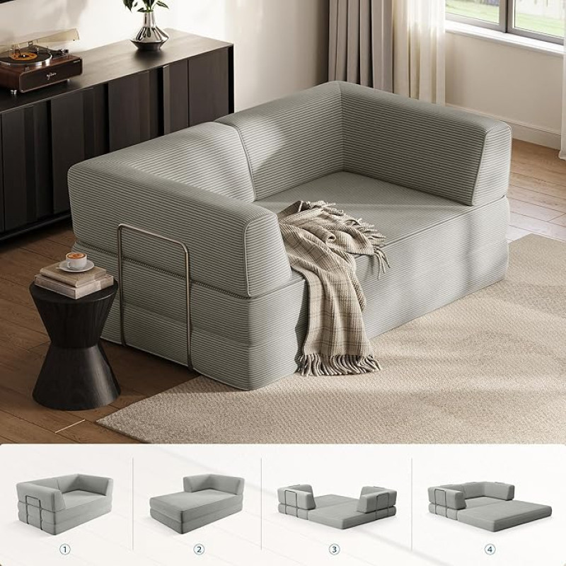 LINSY HOME Sofa Bed - Floor Sofa Bed with Pillow Back Support Armrest - Sofa Bed Foldable 160 cm Wide - Compressed Sofa in Box - Cord Fabric for Living Room Bedroom