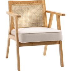 HOMCOM Living Room Recliner Chair with Armrests, Seat Cushion, Lounge Chair with Rattan Backrest, Reading Chair with Linen Look, Wooden Frame, Upholstered Chair for Bedroom, Cream
