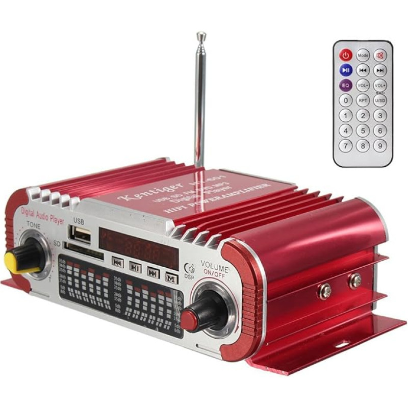 DollaTek 2 Channels Hi-Fi Mini Digital Motorcycle Car Stereo Power Amplifier Sound Mode Audio Music Player Support USB/FM/SD for Car Motorcycle Car CD DVD DC 12V Input - Red