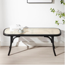Ya-Home Rattan Bench, Hallway, Wood, Entrance Bench, Breathable Kitchen Bench, Dining Room Bench, Natural for Dining Room/Bedroom/Balcony (Black)