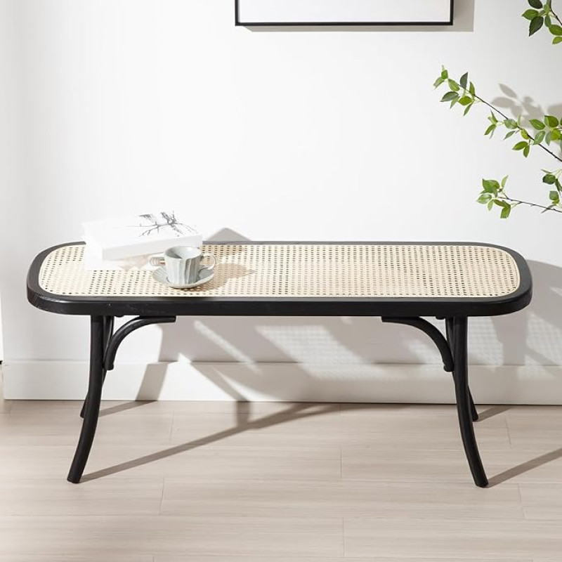 Ya-Home Rattan Bench, Hallway, Wood, Entrance Bench, Breathable Kitchen Bench, Dining Room Bench, Natural for Dining Room/Bedroom/Balcony (Black)