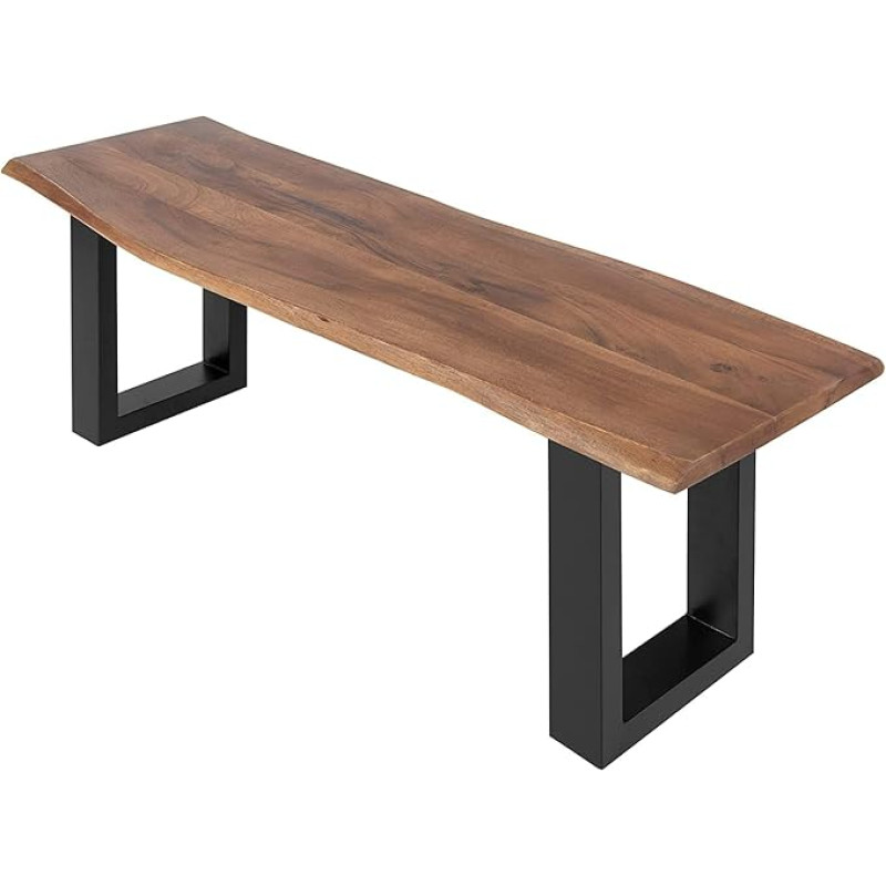 SAM Quintus Dining Room Bench 120 x 42 cm Solid Acacia Wood and Walnut Coloured, Real Wane, Tree Edge Bench with U-Frame, Black, Bench with 26 mm Top