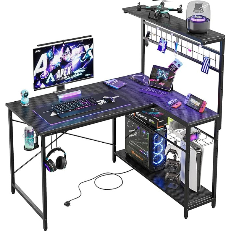 Bestier L-Shaped Desk with Sockets and LED Lights, Compact Corner Desk with Shelves, Reversible Computer Desk with Hooks for Home, Office, Bedroom