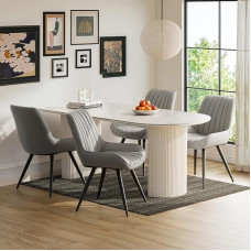 Modern Padded Dining Room Chair - Extra Thick Seat Cushion, Artificial Fabric Dining Room Chairs, Kitchen Chair, Upholstered Chair, Living Room Chair with Backrest, Metal Legs (Grey, Set of 4)