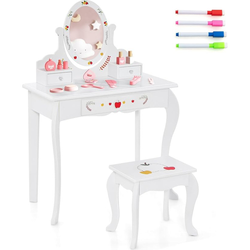 DREAMADE 2-in-1 Children's Dressing Table with Stool and Removable Mirror, Princess Dressing Table Wooden Cosmetic Table with 3 Drawers for Children Girls from 3 (White Apple Pattern)