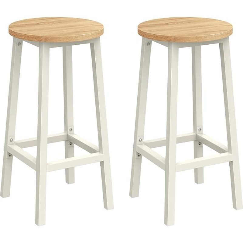 VASAGLE Bar Stools Set of 2 Bar Stools Kitchen Chairs with Metal Frame Easy Assembly 65 cm High with Footrest for Kitchen Living Room Dining Room Oak Beige White LBC032W09