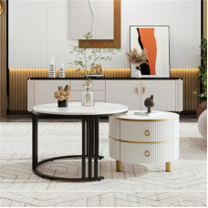 2-in-1 Round Coffee Table Set, Glossy Surface with White Marble Top, Living Room Table Combination with 2 Drawers, Space-Saving Design, 27.5 Inches and 19.7 Inches Diameter (Colour: Black + White)