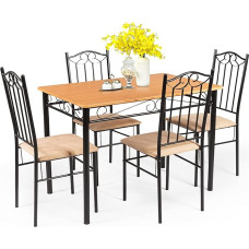 COSTWAY Table and 4 Chairs Dining Table Set with 4 Padded Chairs Metal Frame for Dining Room Kitchen Restaurant Living Room