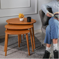 TRIHOME Nisttische aus Massivholz, 3er-Set, oval, Mitte des Jahrhunderts, moderne Couchtische für Wohnzimmer, Premium-Buchenholz, natürliches Finish, Kieselstein-Design mit konischen Beinen