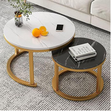 Modern Round Nesting Table with Gold Metal Frame Slate Top Side Table for Living Room Small Furniture Stylish Decoration (Large 60cm + Small 45cm)