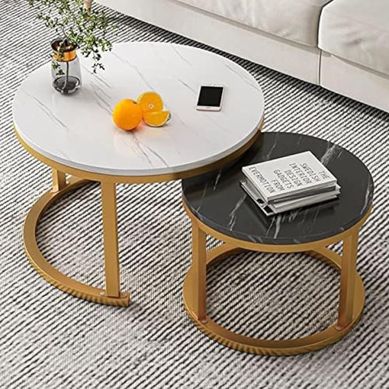Modern Round Nesting Table with Gold Metal Frame Slate Top Side Table for Living Room Small Furniture Stylish Decoration (Large 60cm + Small 45cm)