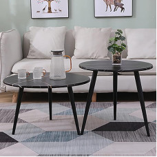 Wooden Nesting Tables Set of 2 Living Room Coffee Table and Side Table Bedroom Bedside Balcony Furniture with Black Metal Legs and Adjustable Foot Pads Modern Home Decoration