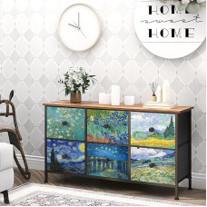 VEDECASA Small Chest of Drawers with 6 Drawers for Bedroom Van Gogh Drawer Chest of Drawers Storage Tower for Living Room Bedroom Hallway Office Metal Frame Wooden Top Fabric Chest of Drawers