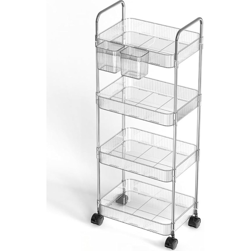 Uwenkjie HJ-001 Acrylic Storage Trolley, 4-Layer Movable Stainless Steel Trolley with Handle and Multifunctional Storage Box, Suitable for Kitchens, Bathrooms, Laundry Rooms, Offices