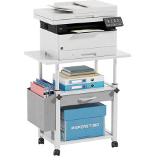 3-Level Height Adjustable Printer Table with Wheels, 56 x 38 cm, Mobile Printer Stand with Fabric Drawer and Side Pocket, Home Office Printer Holder, Office Printer Trolley, Printer Shelf, White