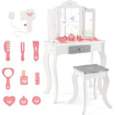DREAMADE 2-in-1 Children's Dressing Table with 10 Pieces Play Accessories and Stool, Princess Dressing Table with Drawer, Cosmetic Table, Children's Make-Up Table Made of Wood for Girls from 3 Years,