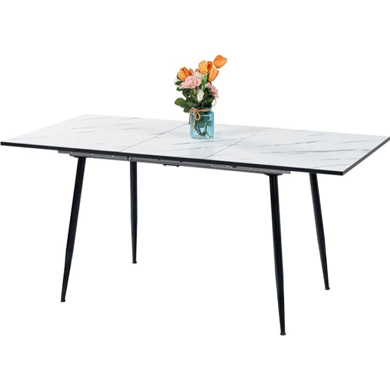 FurnitureR Extendable Dining Table L-120-160cm for 6-8 People Elegant Design White Marble Table Top MDF Metal Legs Versatile Minimalist Kitchen Table
