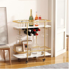 DAWNYIELD Mobile Drink Trolley with 2 Levels Bar Service Trolley on Wheels with Wine Rack and Glass Holder Modern Rolling Drinks Storage Trolley for Home Kitchen Party (Gold)