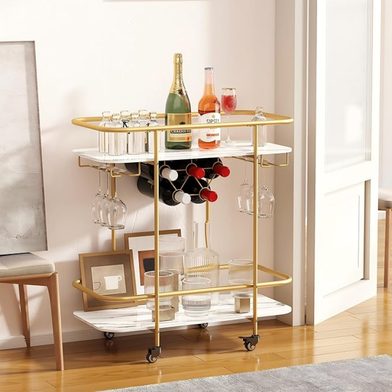 DAWNYIELD Mobile Drink Trolley with 2 Levels Bar Service Trolley on Wheels with Wine Rack and Glass Holder Modern Rolling Drinks Storage Trolley for Home Kitchen Party (Gold)