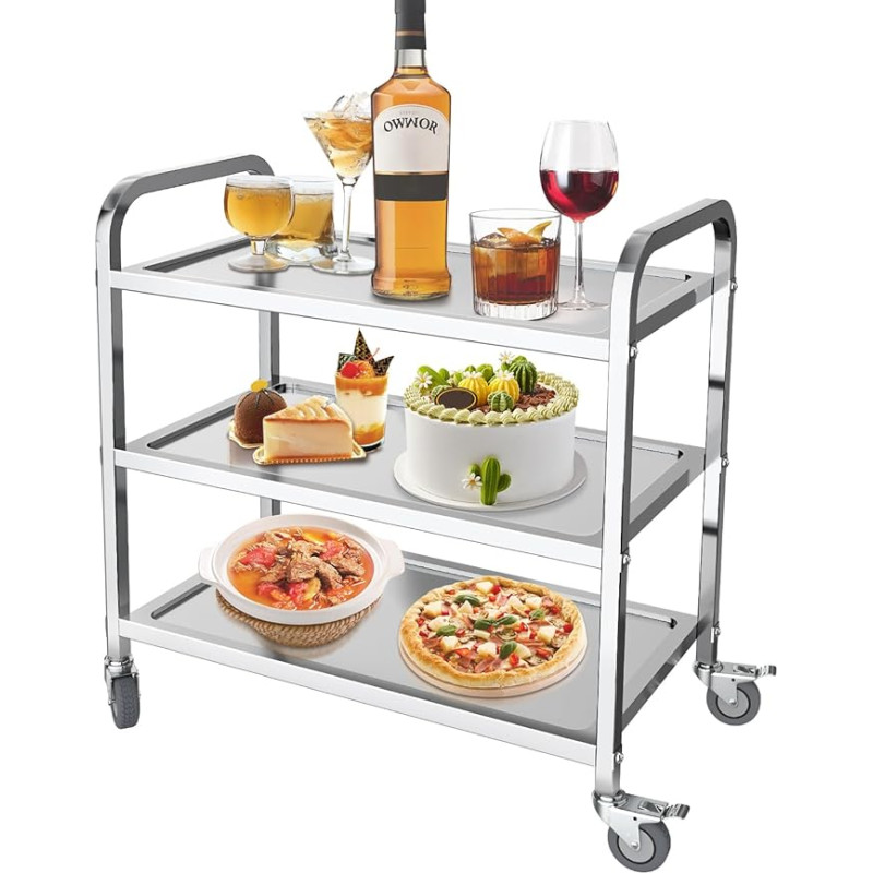 MOOTACO Serving Trolley Kitchen Trolley Stainless Steel Trolley Gastro Tea Trolley Transport Clearing Trolley with Wheels Serving Aid 3 Shelves 4 Wheels (950 x 500 x H 950 mm)