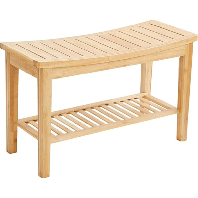Extended Bamboo Shower Stool with Storage Shelf, Footrest, Shaving Stool with Non-Slip Feet, Shoe Changing Stool for Bathroom, Living Room, Bedroom, Entryway, Foyer, Hallway (C)
