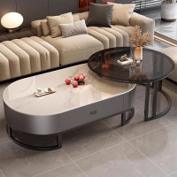 Modernes ovales Couchtisch-Set aus Stein – 2-teiliges Stahlrahmen-Nisttische für Wohnzimmer und Schlafzimmer – stilvolles rundes Design 70 x 45 cm & 100 x 50 x 38 cm