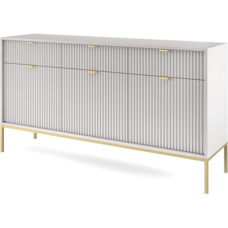 Selsey VELLORE Chest of Drawers 3 Doors with 3 Drawers, Grey with Ribbed Fronts with Gold Metal Legs, 154 cm