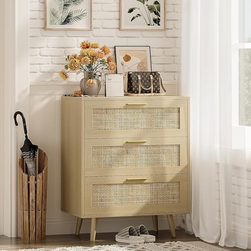 Trironsun Chest of Drawers with 3 Drawers, Rattan Chest of Drawers with Wicker Design and Metal Handles, Wooden Storage Cabinet for Bedroom, Living Room, Hallway