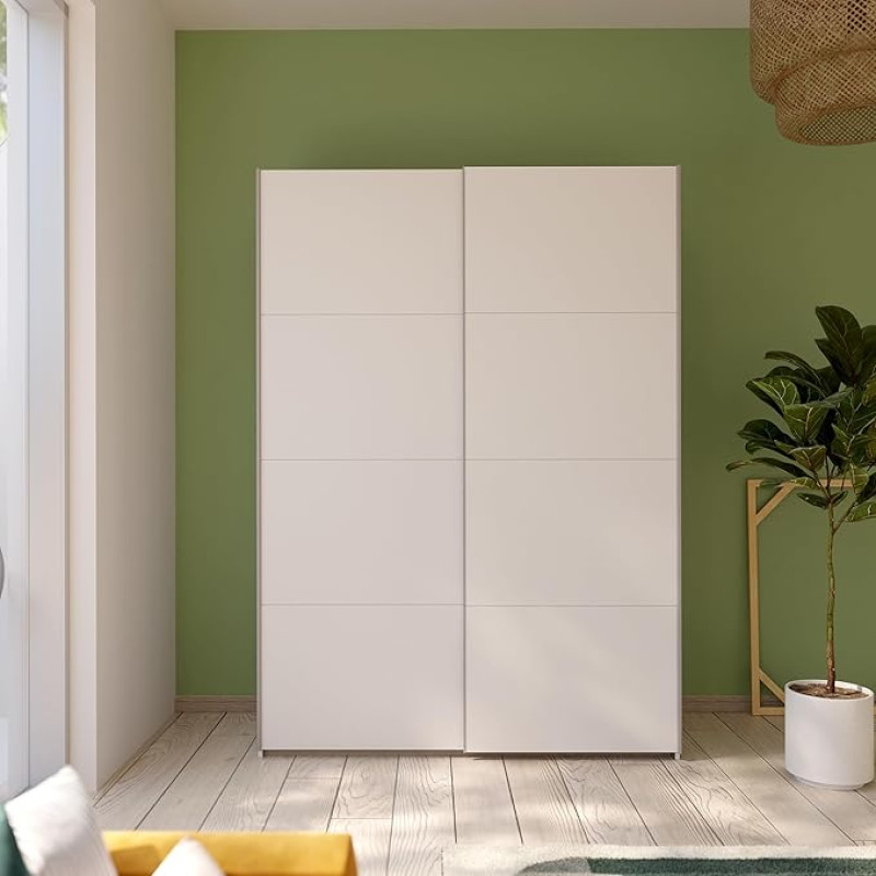 FORTE Schach & MATT 2 Wardrobe 150, Modern Sliding Door Wardrobe with 2 Doors, Composite Wood, White, 150.1 cm Wide, 210.5 cm High, 61.2 cm Deep