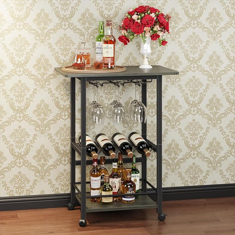 OYRREU Serving Trolley with Wheels, 3-Tier Bar Trolley, Mobile Bar Cart in Retro Grey, Standing Shelf for Home, Garden & Tea Trolley, Barbecue Trolley