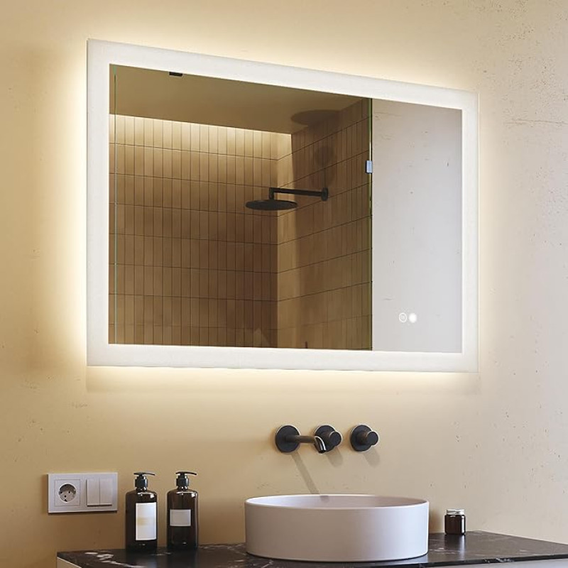 100 x 70 cm Rectangular Bathroom Mirror with LED Lighting, Bathroom Mirror with Touch Switch, Anti-Fog and Adjustable Light Colour Light Mirror (3000 K - 6500 K), Horizontal Bathroom Mirror Energy
