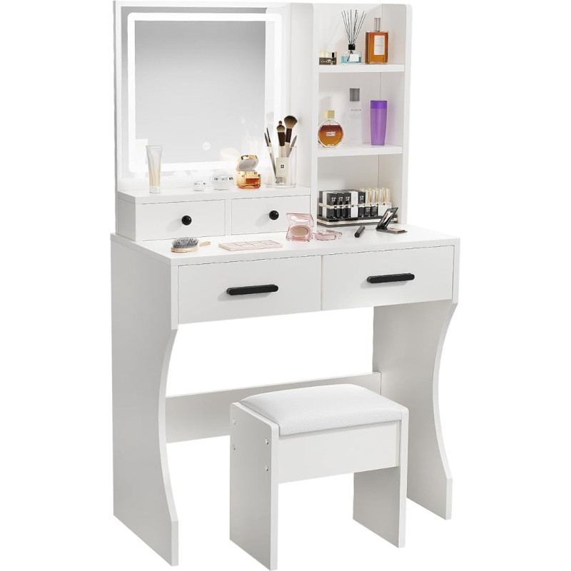 ZenkiHome Dressing Table, Dressing Table with Square Mirror and Adjustable Lights, 80 cm Dressing Table with Stool for Girls and Adults