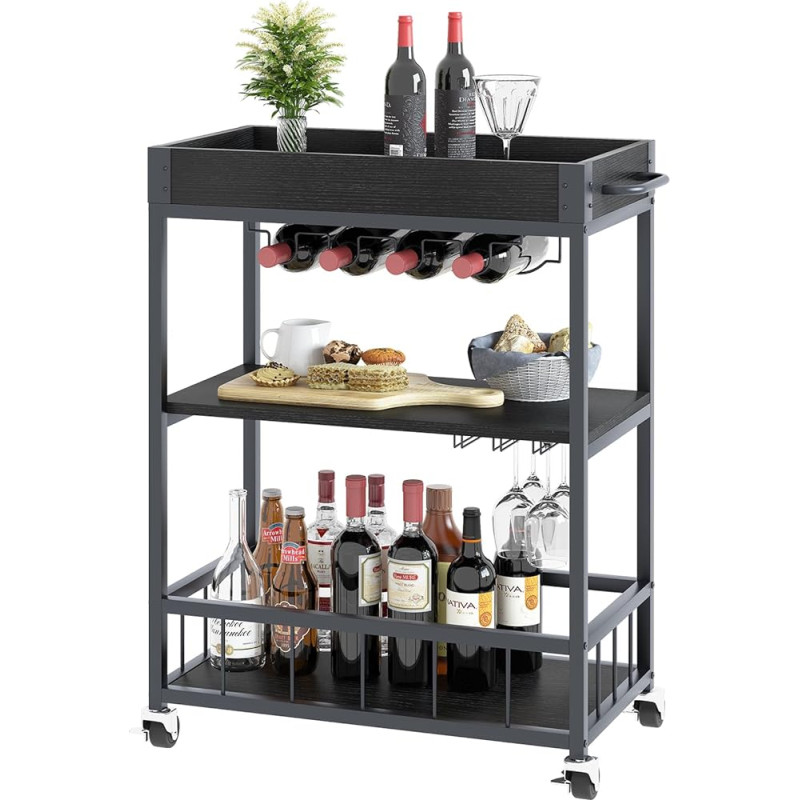 Huhote Drinks Trolley, 3 Tier Bar Cart on Lockable Wheels, Kitchen Serving Wine Cart for 12 Glass Holders and 4 Wine Rack, Cocktail Alcohol Cart for Dining Room, Living Room