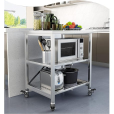 CDDUOLA Trolley Serving Trolley with 3 Tiers Stainless Steel Trolley Kitchen Trolley Shelf with Parking Brake Wheels Foldable Utility Trolley for Kitchen, Office, Bathroom (Color : Silver, Size :