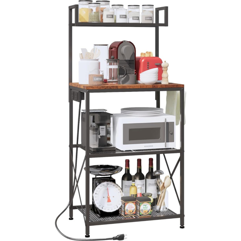 OIRBOEUS Oiboeus Kitchen Shelf, Baker's Rack with Socket, Coffee Bar Station, Microwave Stand, Kitchen, Microwave Rack, Kitchen Shelf, Rustic Brown