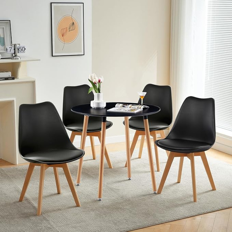 LafeuR Dining Table with 4 Chairs, Dining Room Group, Kitchen Table Set for 4 People, for Living Room, Kitchen, Office (Round Black Table + 4 Beech Black Chairs)