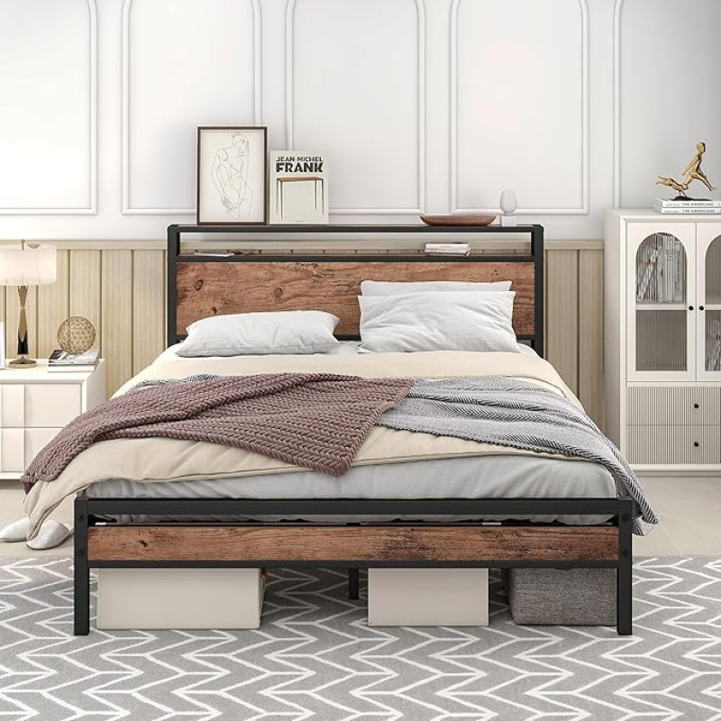 Double Bed 120 x 200 cm, Metal Bed with Storage Headboard and Metal Slatted Frame, Children's Bed, Functional Bed, Metal Bed Frame, Industrial Bed Frame, without Mattress, Black