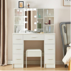 Ereousa Dressing Table with Mirror and Stool, Dressing Table with 7 Drawers and 6 Shelves, Makeup Desk with Adjustable LED Lights, Makeup Table for Bedroom, 100 x 40 x 140 cm, White
