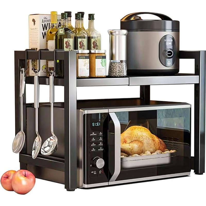 Microwave Shelf Extendable Microwave Cabinet Organiser: 2-Tier Oven Rack Kitchen Shelf Standing Spice Rack for Worktop Bakery Shelves Organiser (Black + Hook)