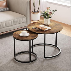 Smuxee Nesting Coffee Table Set of 2, 23.6 Inch Round Coffee Table Rustic Wooden Top with Adjustable Non-Slip Feet, Industrial Side Table for Living Room, Bedroom, Balcony, Yard