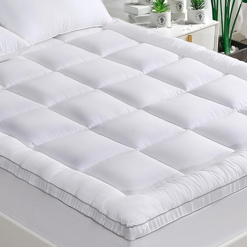 GRT Mattress Topper 140 x 200 cm, Mattress Protector Fitted Sheet Mattress Topper Bed Sheet Topper with Bamboo Fibre Top and 3D Snowflake Filling, Suitable Oeko-Tex
