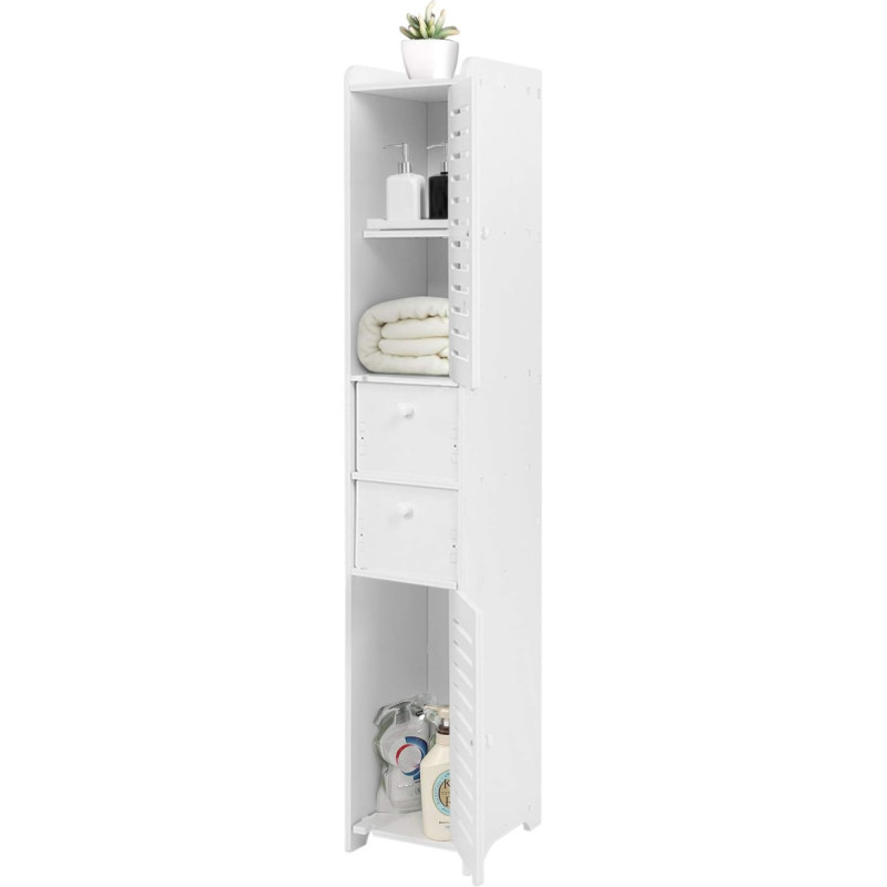 Tall Bathroom Cabinet, Wooden Bathroom Cabinet with 3 Shelves and 2 Drawers for Furniture and Bathroom, 26 x 20 x 118 cm, White