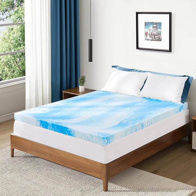 Topper 180 x 200 cm - 5 cm Height Memory Foam Mattress Topper Made of Gel Memory Foam with Waterproof Oeko-Tex Certified Mattress Protector, Blue