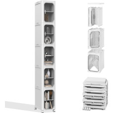 LQDMAER Bathroom Cabinet Standing, Bathroom Cabinet, White, Slim, 5-Tier Plastic Cabinet for Bathroom, Mobile Bathroom Cabinet with Wheels, Tall Narrow Bathroom Cabinet, Space-Saving, 34 cm Wide