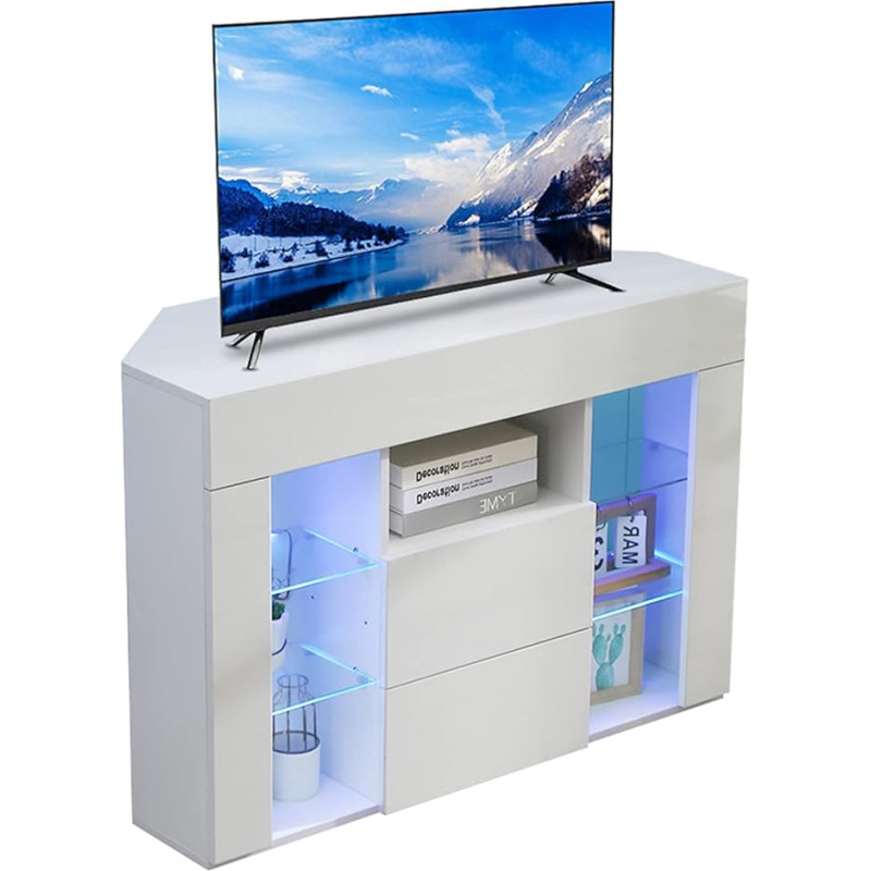 Dripex TV Lowboard Corner Cabinet with LED Lighting White High Gloss TV Cabinet Corner Chest of Drawers TV Cabinet 100 x 68 x 40 cm (White)