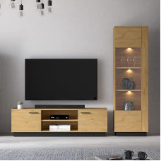 2 Piece Living Room Set Including LED Lighting, Display Cabinet & Lowboard with Soft Close, Modern Oak with Black Accents