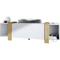 Vladon Lowboard Ida 149 x 45.5 x 34 cm TV Board with 4 Compartments and PTO Doors, Made in Germany, Body in Matt White, Natural Oak Panels | Large Choice of Colours